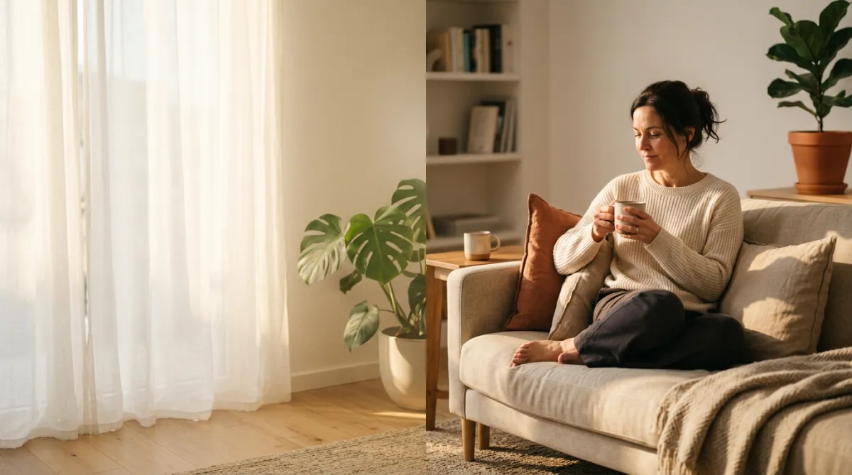Woman relaxing at home with a cup of coffee, taking time to understand her health